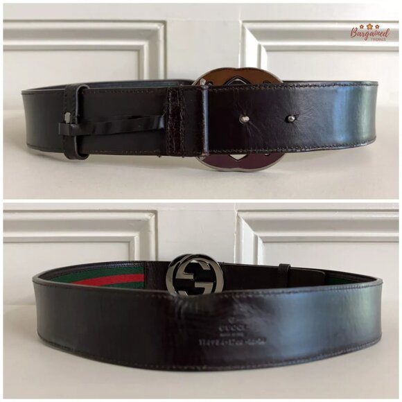 Authentic Gucci Web Green/Red Canvas Silver Interlocking G Buckle Belt 85/34 - Picture 6 of 12